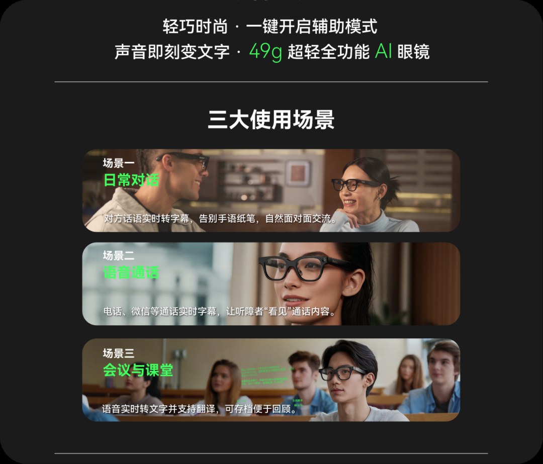 Rokid官方听觉辅助宣传图展示日常对话通话与会议场景