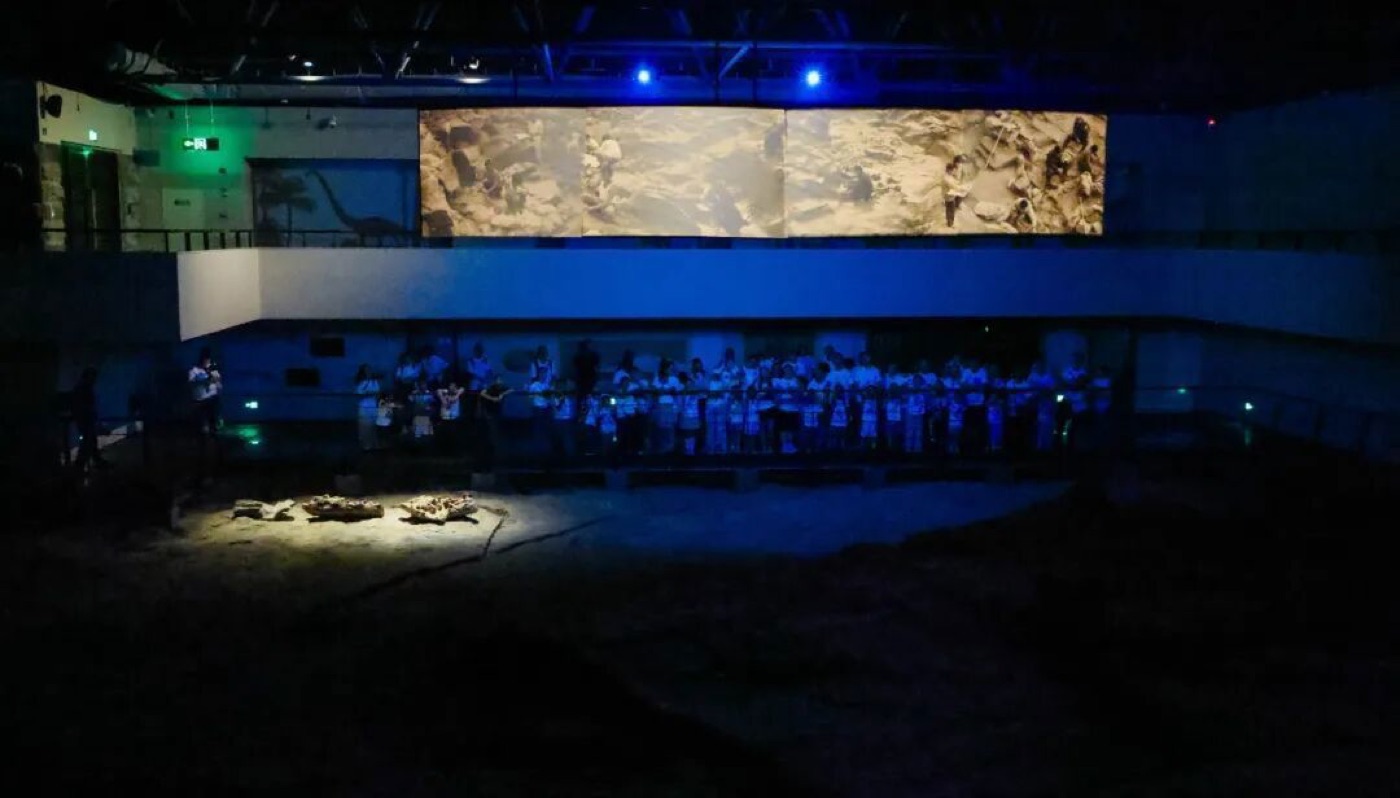自贡恐龙博物馆与龙共眠夜间活动现场，观众在恐龙展厅内参与夜游