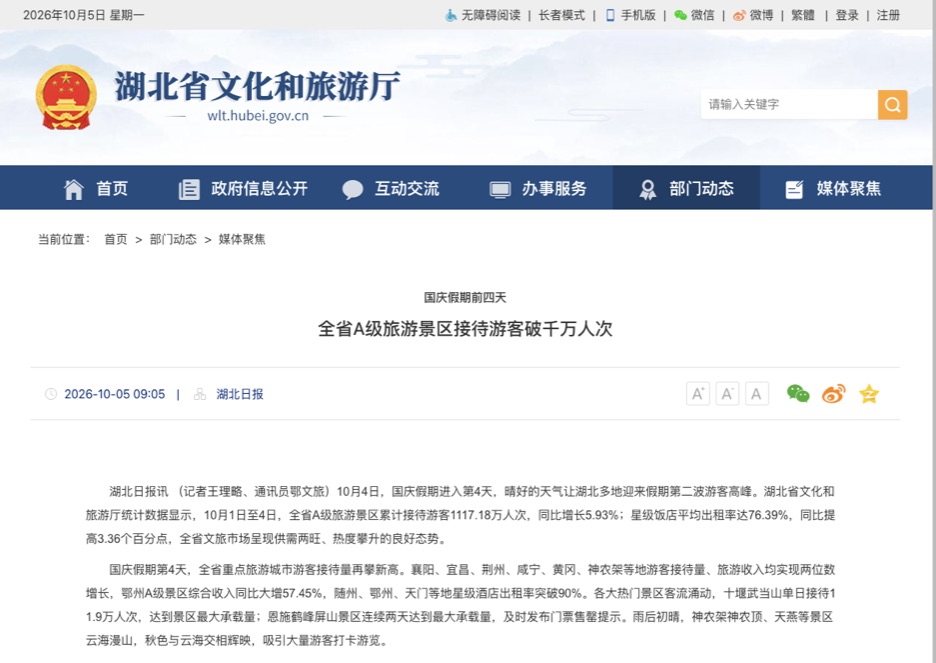 湖北省文化和旅游厅发布国庆前四天A级景区接待游客数据的官方页面