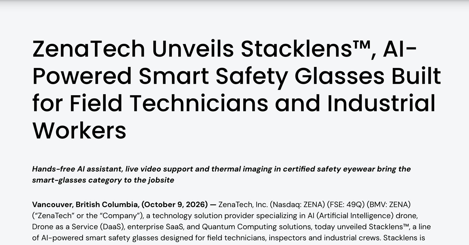 ZenaTech官网Stacklens智能安全眼镜公告页面